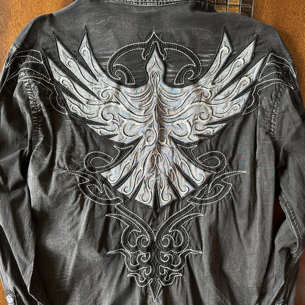 ROAR Men's Med Black Embroidered Distressed Long Sleeve Button Shirt